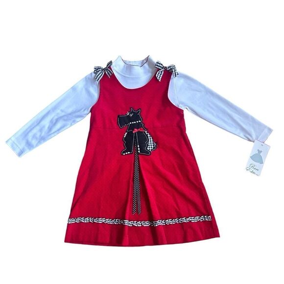 Rare Edition Girl 5 Red Corduroy Jumper Dress Gingham Bow Scotty Dog Appliqué - Picture 5 of 11